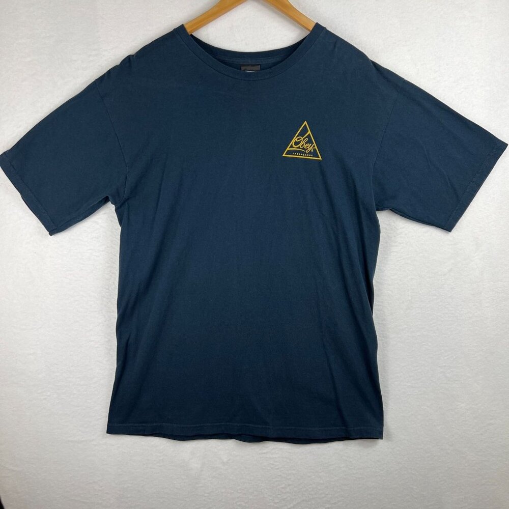 OBEY Propaganda Mens Blue Yellow Logo Graphic Printed Tee Size L Short Sleeve